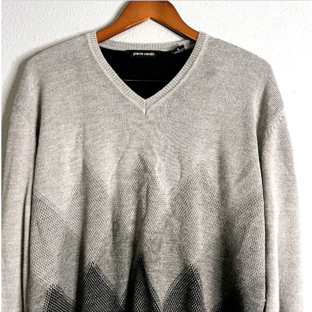 Pierre Cardin Mens Large Grandpa Sweater Gray Ombre Argyle‎ V-Neck Lightweight